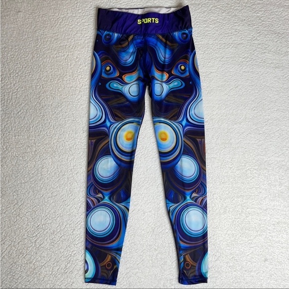 Sports Leggings Blue spiral Galaxy circles Size Small Med Gym Workout Space - Picture 1 of 11